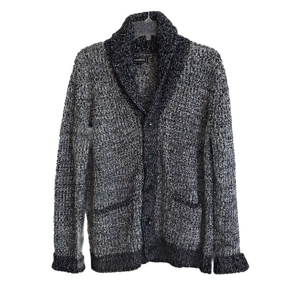Express Shawl Collar Cardigan Sweater Mens Sz L Navy Marled Chunky Knit Grandpa - Picture 1 of 14